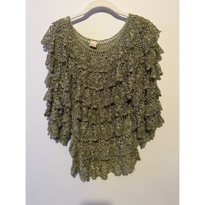 VTG Vintage Rose Crochet Top Sage Green Floral Silk Handmade 3/4 Sleeve Small